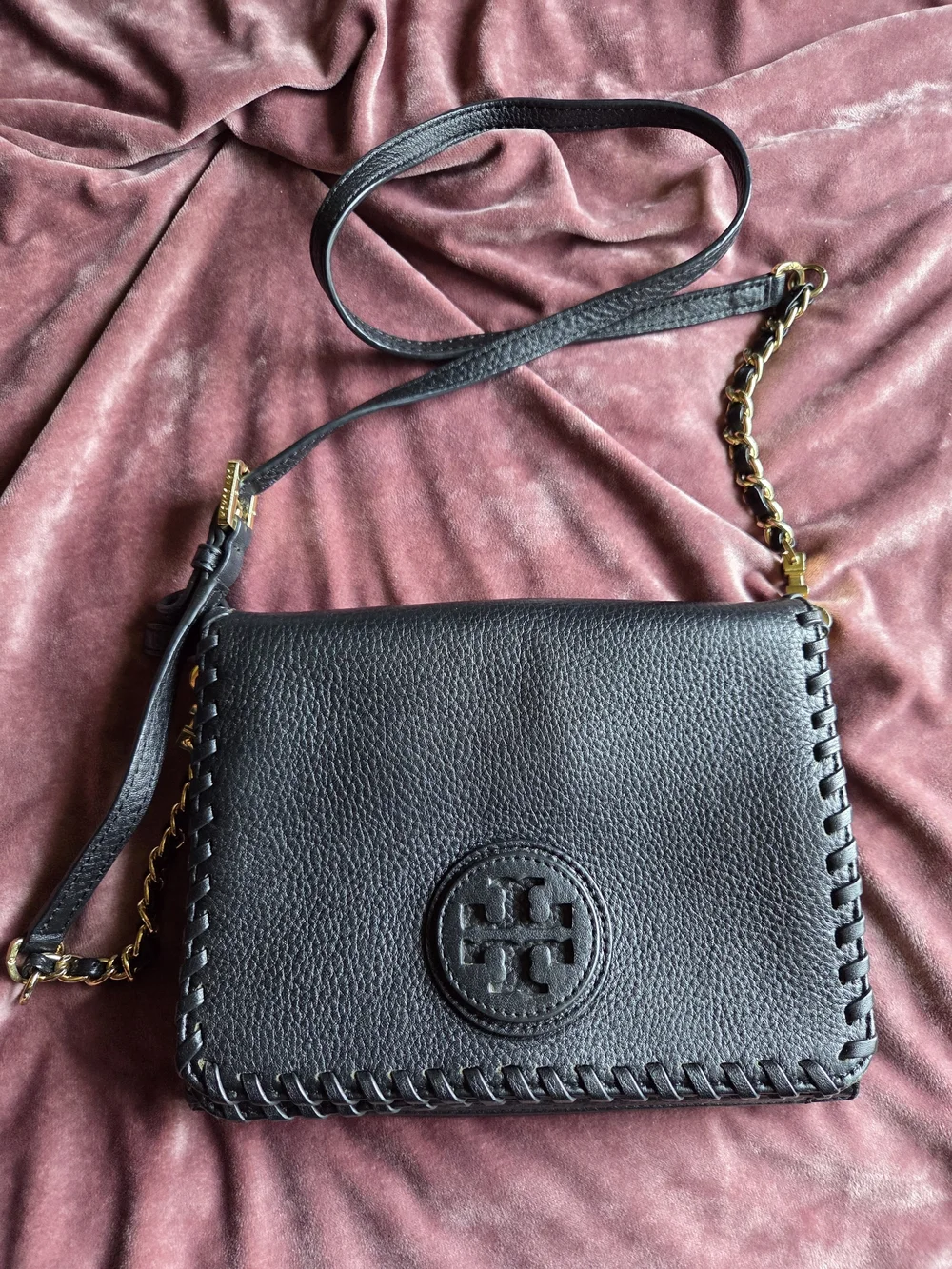 Tory Burch Marion Combo Crossbody Purse - Black Pebbled Leather Whipstitch